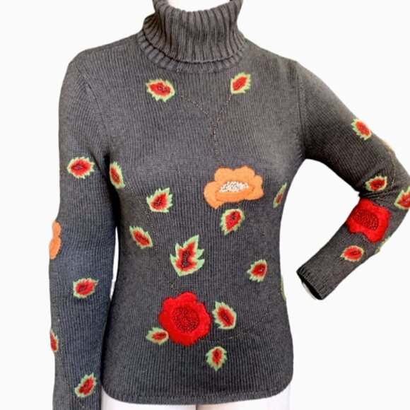 Vintage Carlisle Floral Embroidered Silk-Cashmere Turtleneck Sweater S #83B - Picture 1 of 9